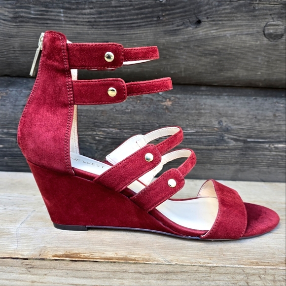 Nine West Shoes - Nine West NEW!! Willison Red Wine Seude, Gold Studded Caged, Wedge Sandal. 9.5M